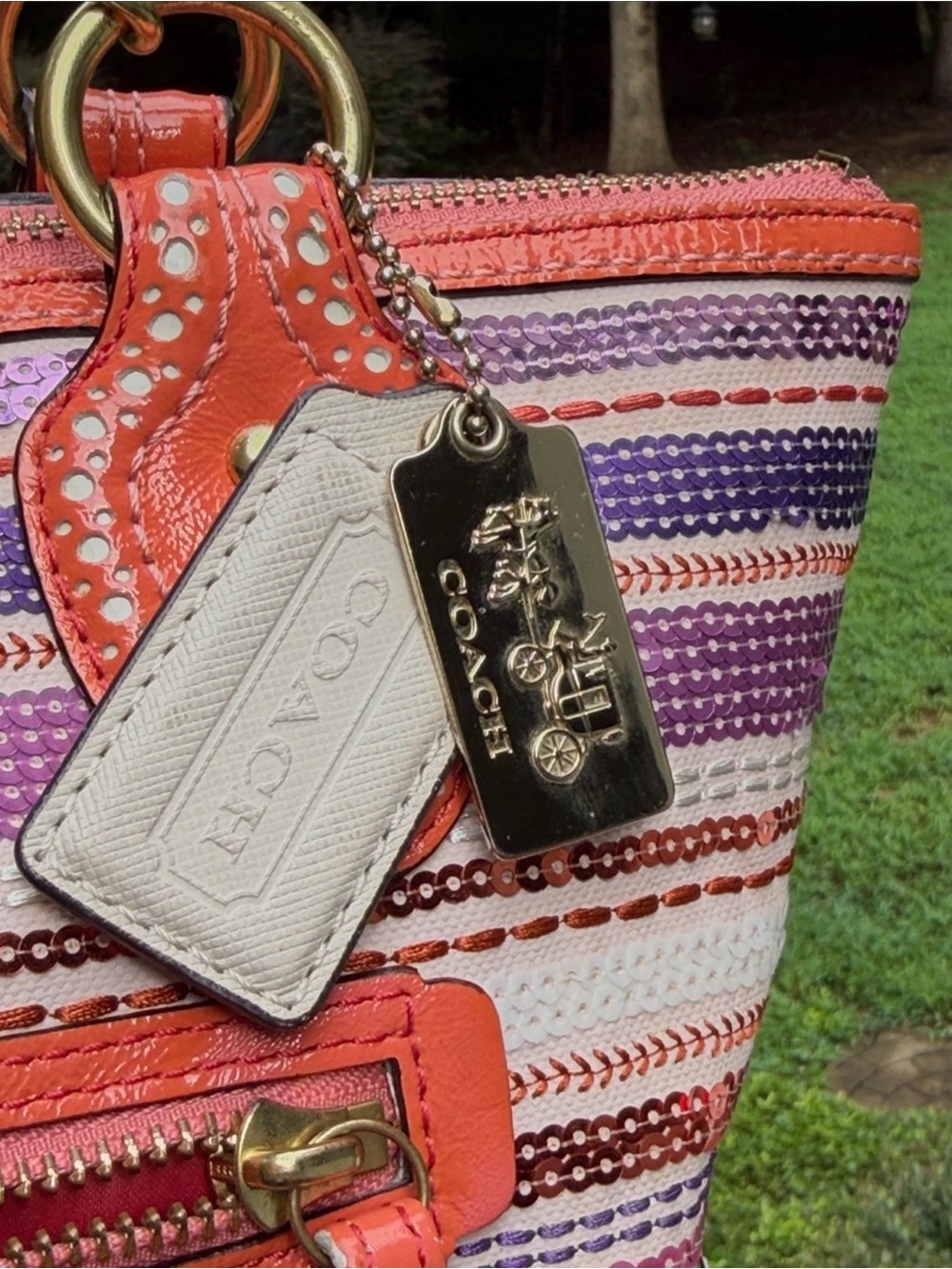 Coach Y2K Poppy #23843 Striped Sequined Tote Gold Chain Handles Hang Tags - Picture 7 of 16